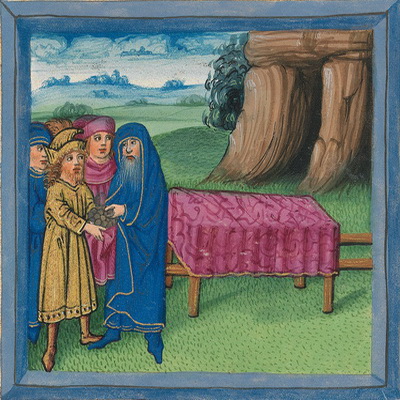 Abraham kauft einen Acker von Ephron (Gen 23,17) – Illustration aus der Münchener Furtmeyr-Bibel, Blatt 24vb, Quelle: Bayrische Staatsbibliothek, Lizenz CC BY-NC-SA Abraham kauft einen Acker von Ephron (Gen 23,17) – Illustration aus der Münchener Furtmeyr-Bibel, Blatt 24vb, Quelle: Bayrische Staatsbibliothek, Lizenz CC BY-NC-SA