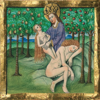 Erschaffung Evas (Gn 2,21-22) – Illustration aus der Münchener Furtmeyr-Bibel,  Blatt 10 rb (1), Quelle: Bayrische Staatsbibliothek, Lizenz CC BY-NC-SA