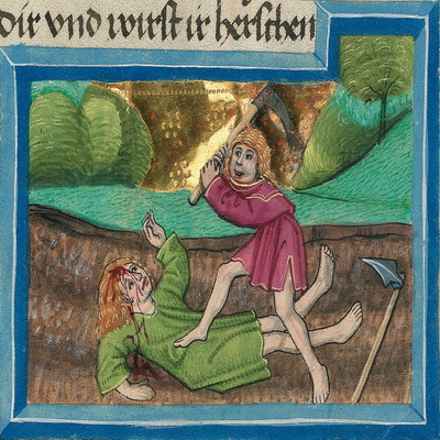 Kains Brudermord (Gn 4,8) – Illustration aus der Münchener Furtmeyr-Bibel, Blatt 11va, Quelle: Bayrische Staatsbibliothek, Lizenz CC BY-NC-SA