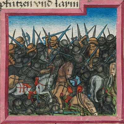 Kampf der vier Könige (Gen 14,1-9) – Münchener Furtmeyr-Bibel, Blatt 17 vb, Quelle: Bayr. Staatsbibliothek, Lizenz CC BY-NC-SA