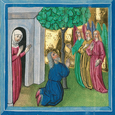 Die drei Engel vor Abraham (Gen 18,2) – Münchener Furtmeyr-Bibel, Blatt 20 ra, Quelle: Bayrische Staatsbibliothek, Lizenz CC BY-NC-SA