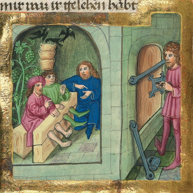 Joseph legt seinen Mitgefangenen Träume aus – Münchener Furtmeyr-Bibel, Blatt 38vb, Quelle: Bayrische Staatsbibliothek., Lizenz CC BY-NC-SA